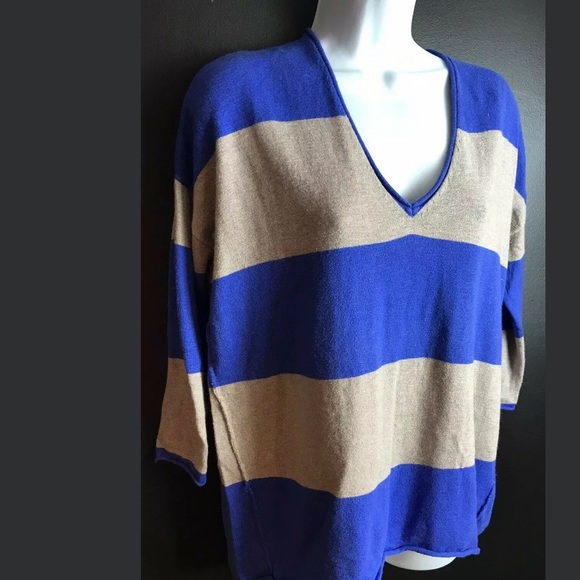 J.Crew WALLACE Winter Break Sweater Striped V-neck Knit Periwinkle Blue Tan - Picture 3 of 10